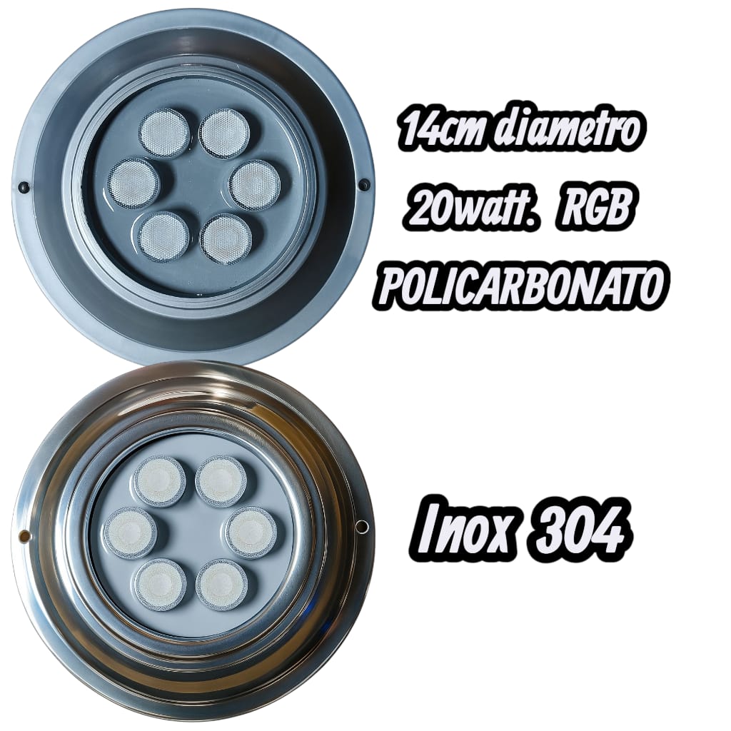 Kit Combo 2 Luces led pileta Mahled policarbonato rgb 20w con Aro Inox