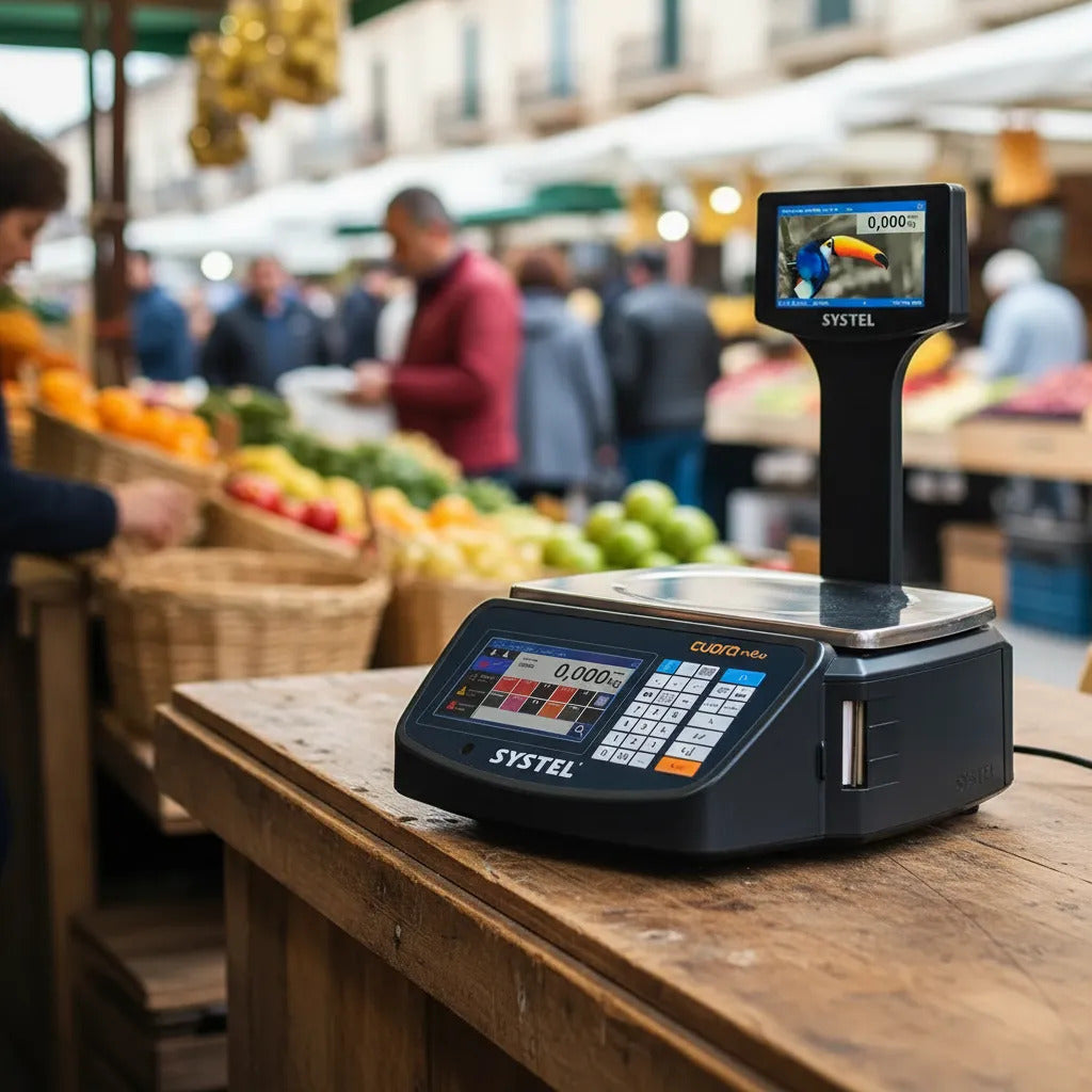 Balanza Comercial Digital Systel Cuora Neo 15kg Con Mástil Negro Impresor Etiquetas Pantalla Color Tactill