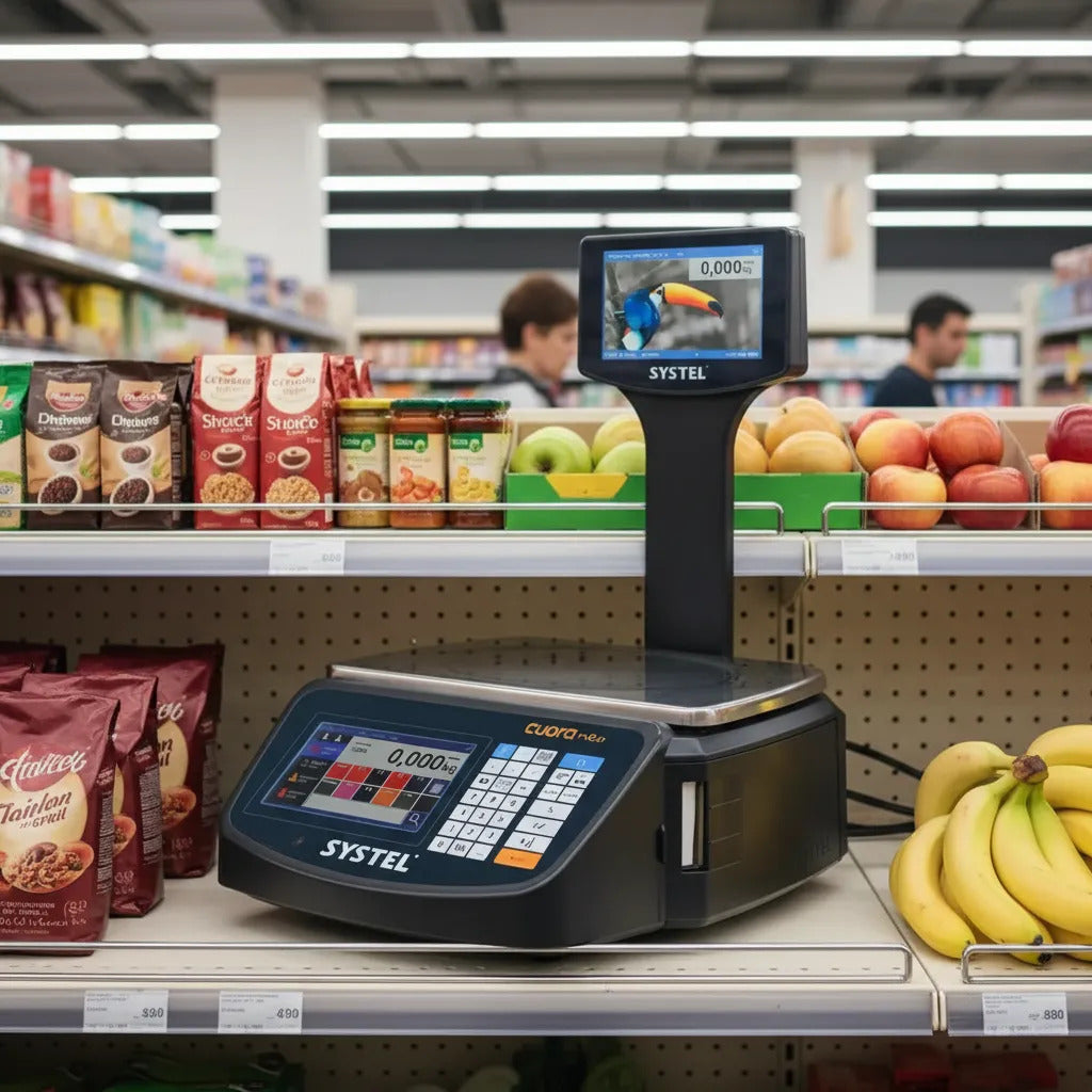 Balanza Comercial Digital Systel Cuora Neo 15kg Con Mástil Negro Impresor Etiquetas Pantalla Color Tactill