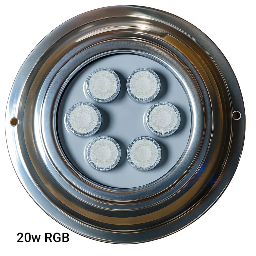 Kit Combo 2 Luces led pileta Mahled policarbonato rgb 20w con Aro Inox