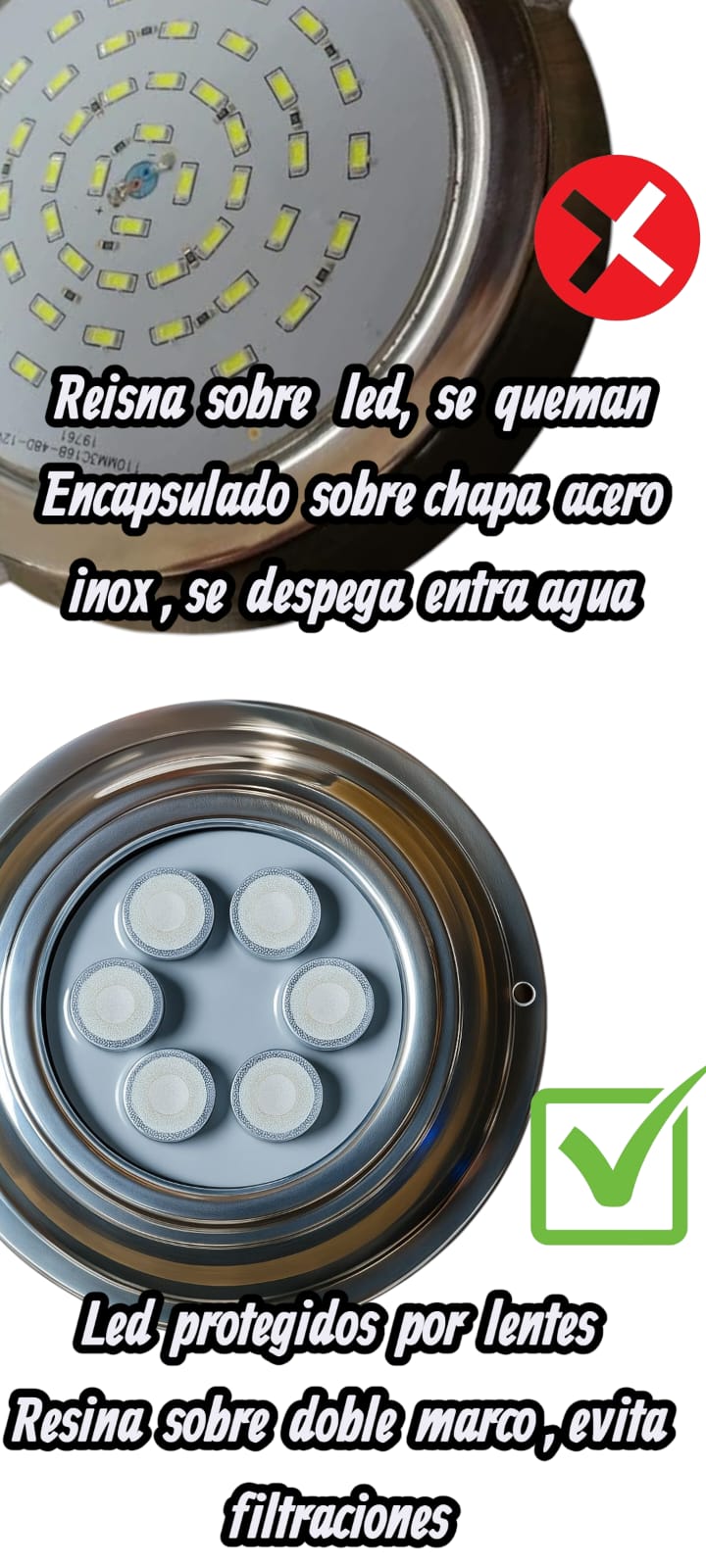 Kit Combo 2 Luces led pileta Mahled policarbonato rgb 20w con Aro Inox