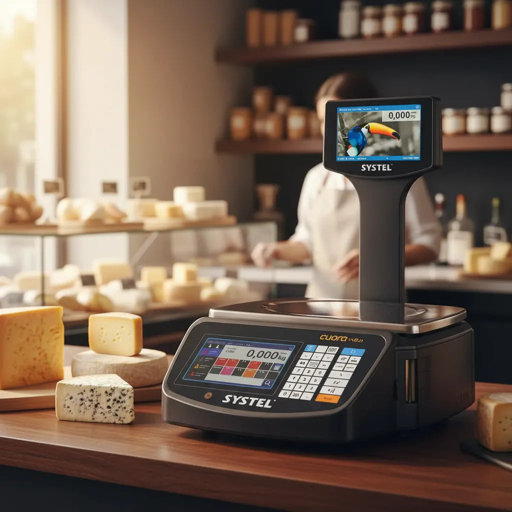 Balanza Comercial Digital Systel Cuora Neo 15kg Con Mástil Negro Impresor Etiquetas Pantalla Color Tactill