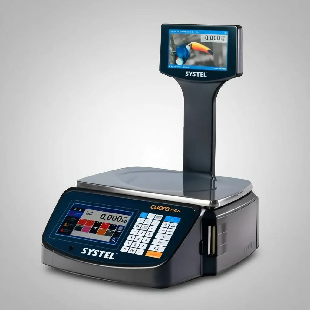 Balanza Comercial Digital Systel Cuora Neo 15kg Con Mástil Negro Impresor Etiquetas Pantalla Color Tactill