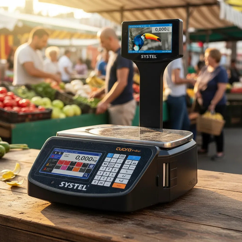 Balanza Comercial Digital Systel Cuora Neo 15kg Con Mástil Negro Impresor Etiquetas Pantalla Color Tactill