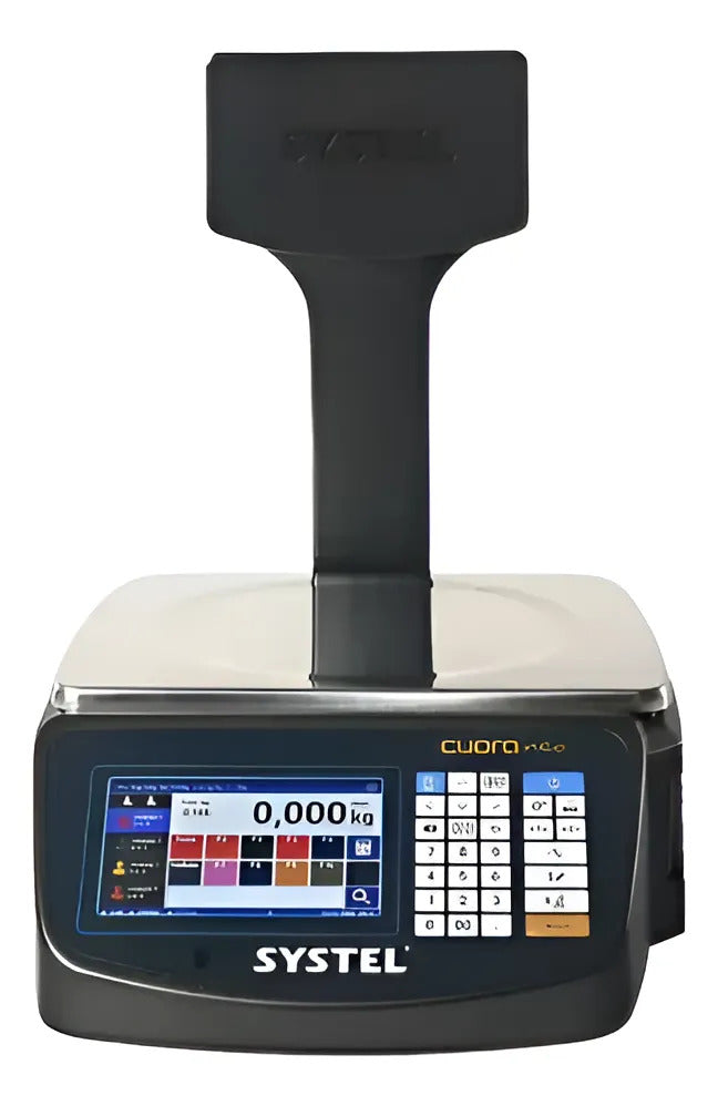 Balanza Comercial Digital Systel Cuora Neo 15kg Con Mástil Negro Impresor Etiquetas Pantalla Color Tactill