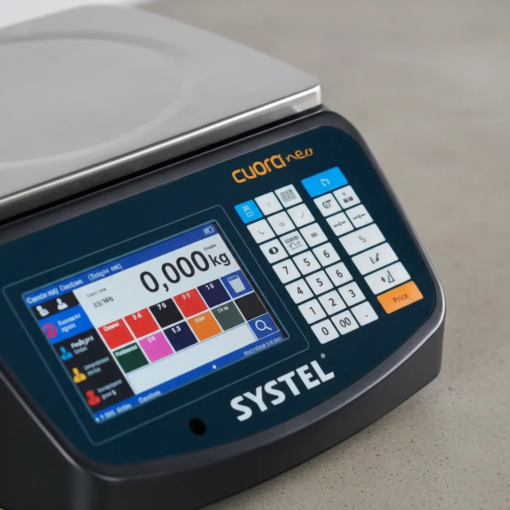 Balanza Comercial Digital Systel Cuora Neo 15kg Con Mástil Negro Impresor Etiquetas Pantalla Color Tactill
