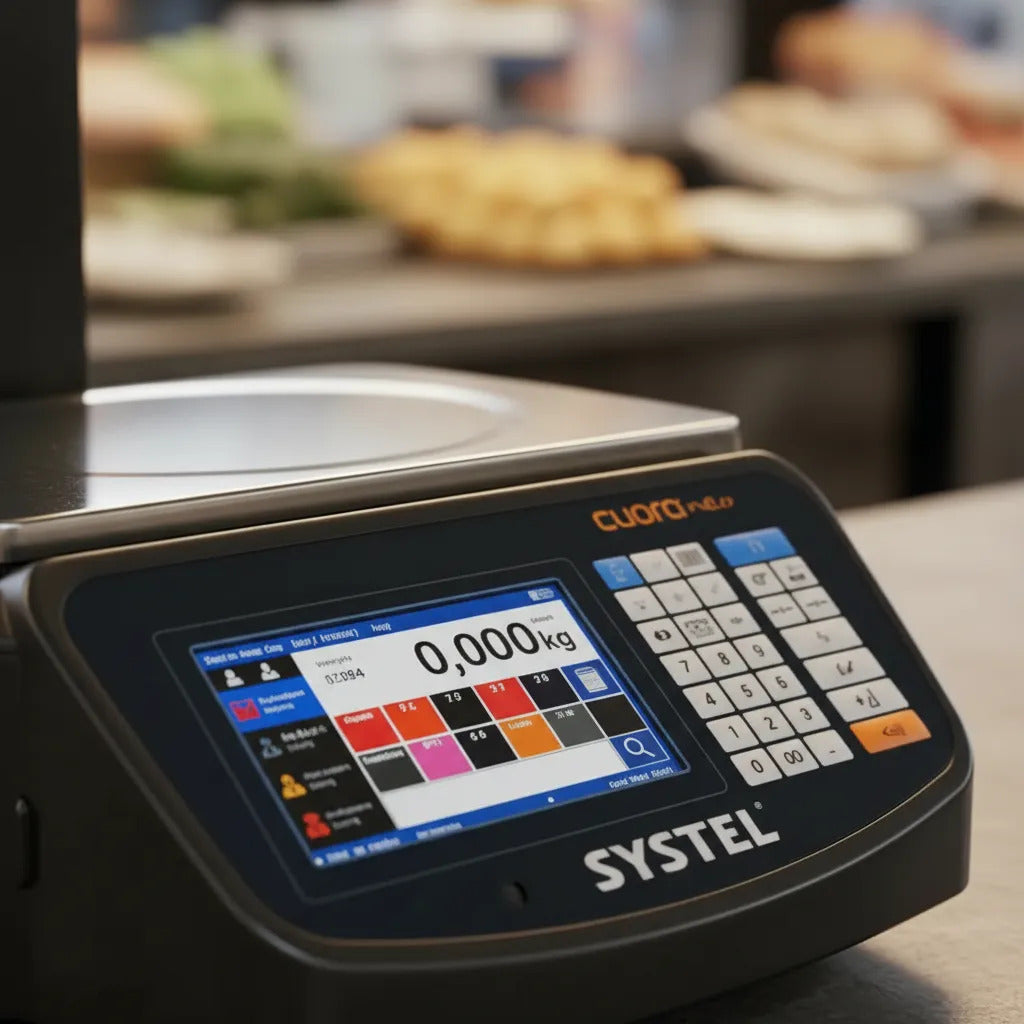 Balanza Comercial Digital Systel Cuora Neo 15kg Con Mástil Negro Impresor Etiquetas Pantalla Color Tactill